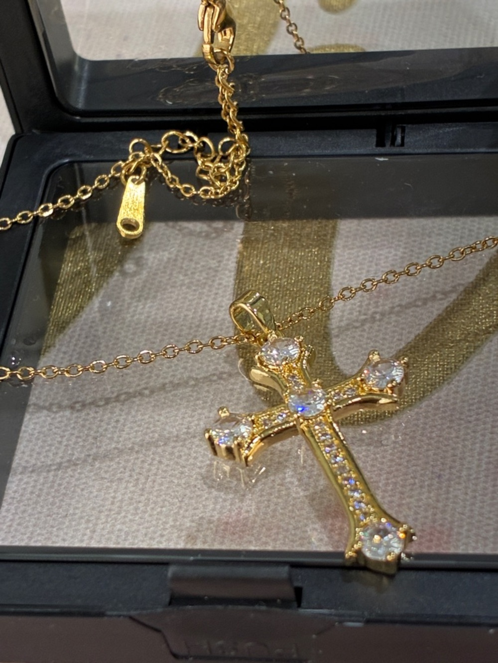 Gold Cross Pendant Necklace with Cubic Zirconia - Gold Plated Chain Jewelry